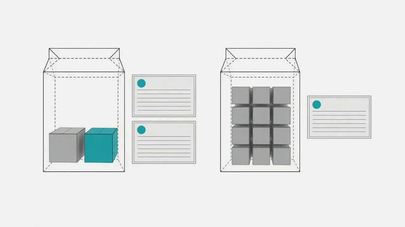 Two boxes side by side: on the left two different articles with two declaration cards, on the right identical articles with one card.