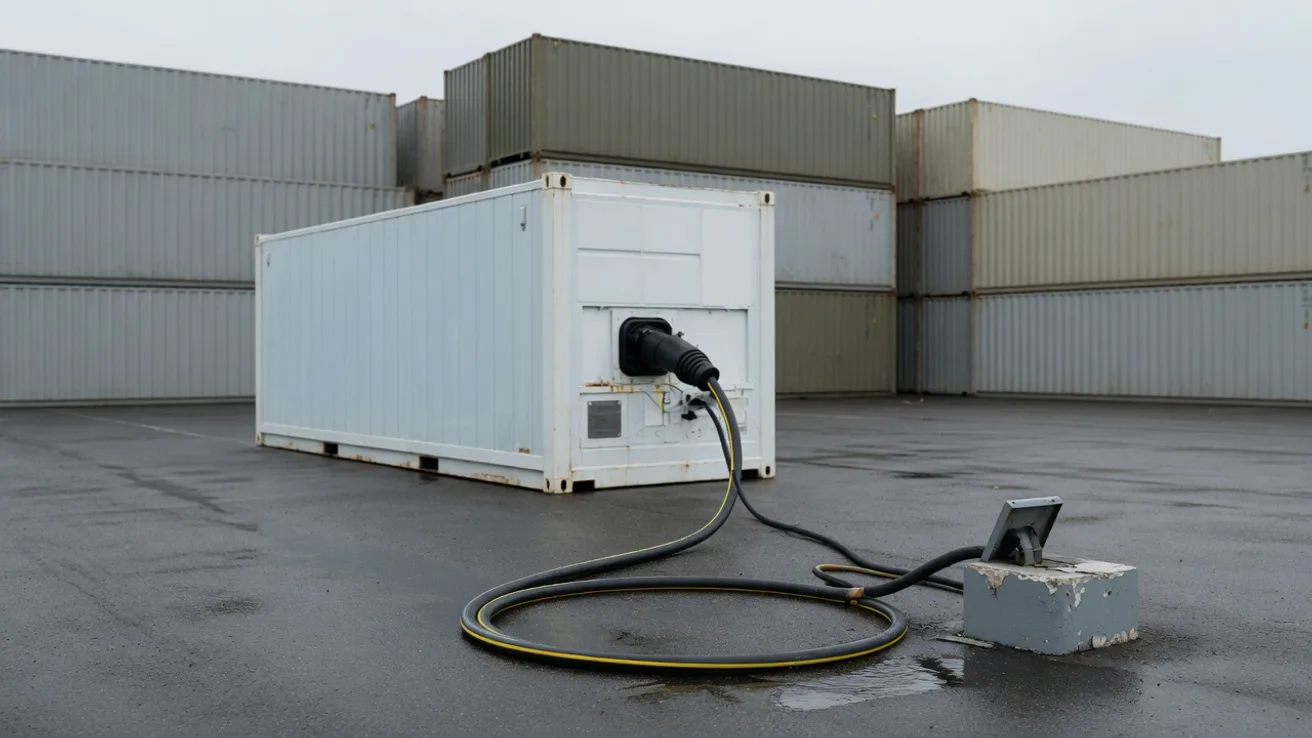 Reefer container on a terminal with its power cable plugged in, stacks of dry containers behind it under an overcast sky.