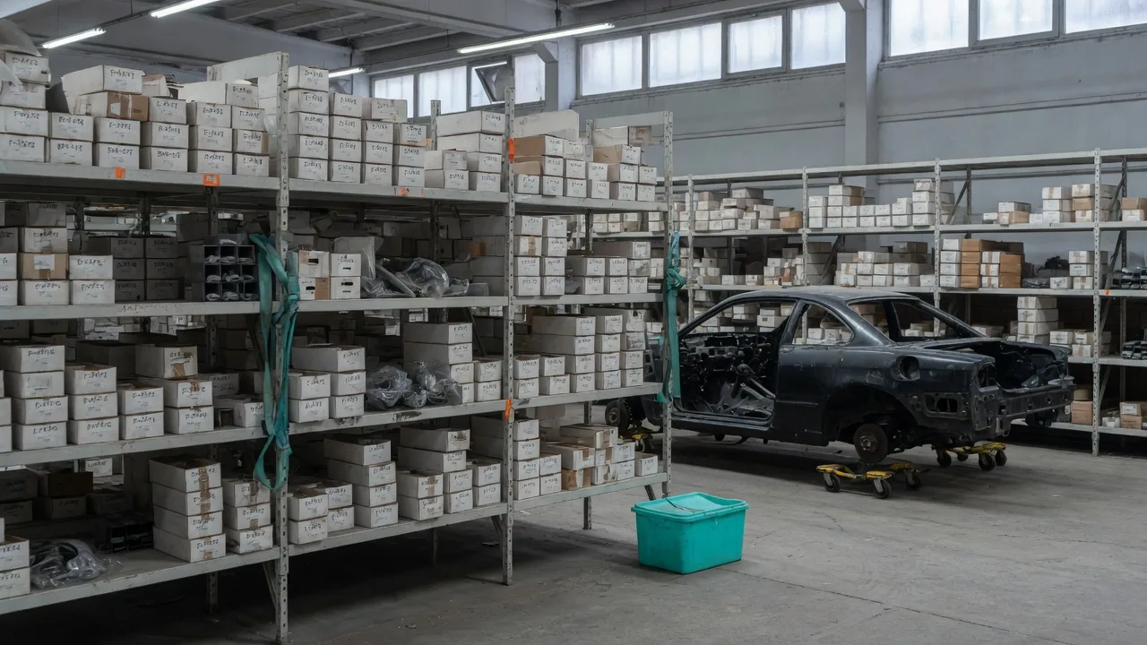 Parts warehouse with boxed spares and a chassis in the distance.