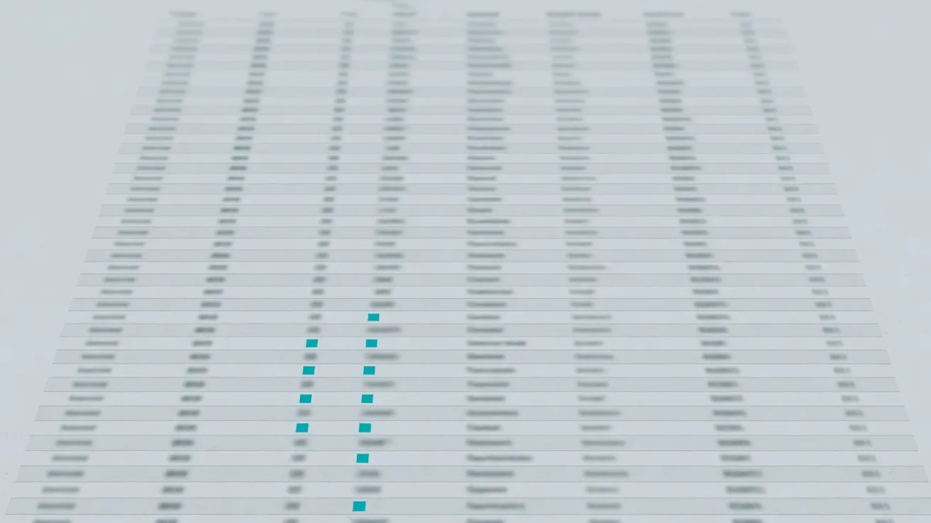 Long table of hundreds of grey declaration lines, a handful of them marked with a small teal square.