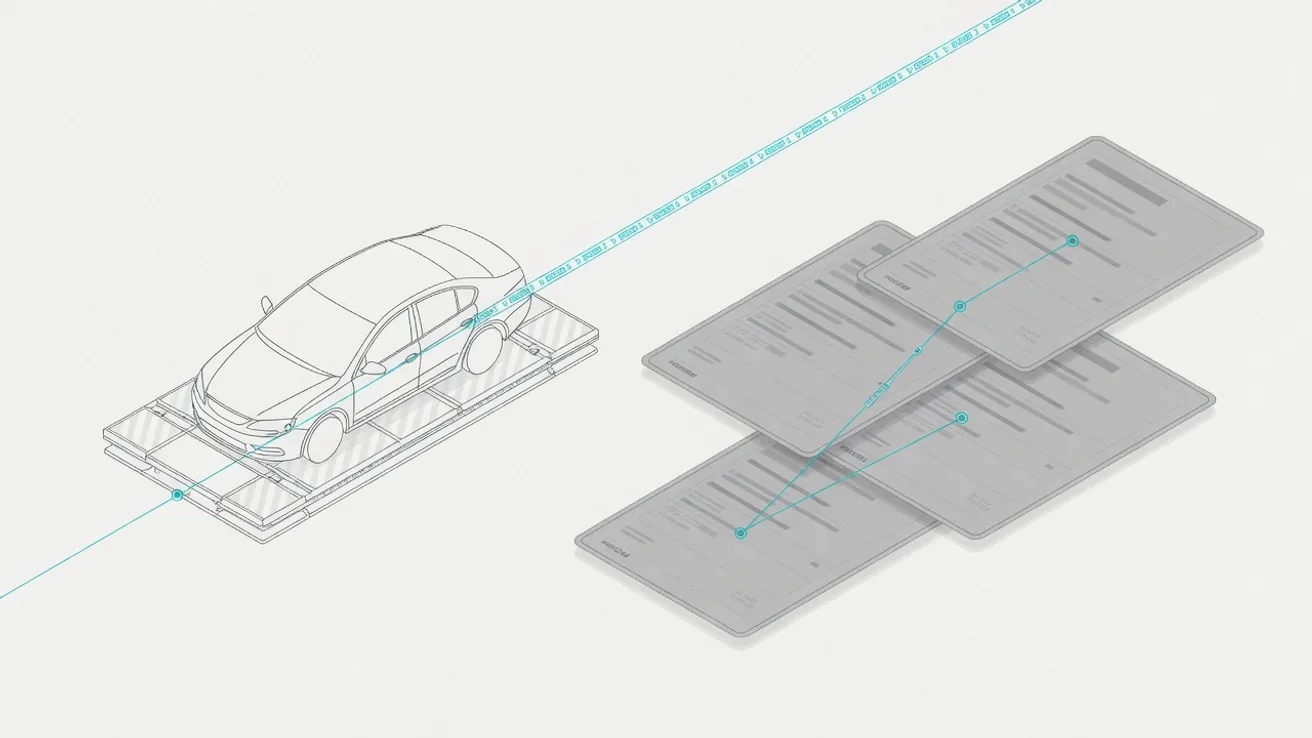 Isometric drawing of a car on a vessel, linked to invoice, conformity certificate and bill of lading by one continuous line.