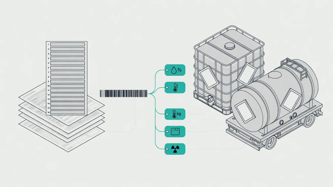 Isometric diagram of a chemical shipment file with documents, a goods code branching into measures, and a tank container.