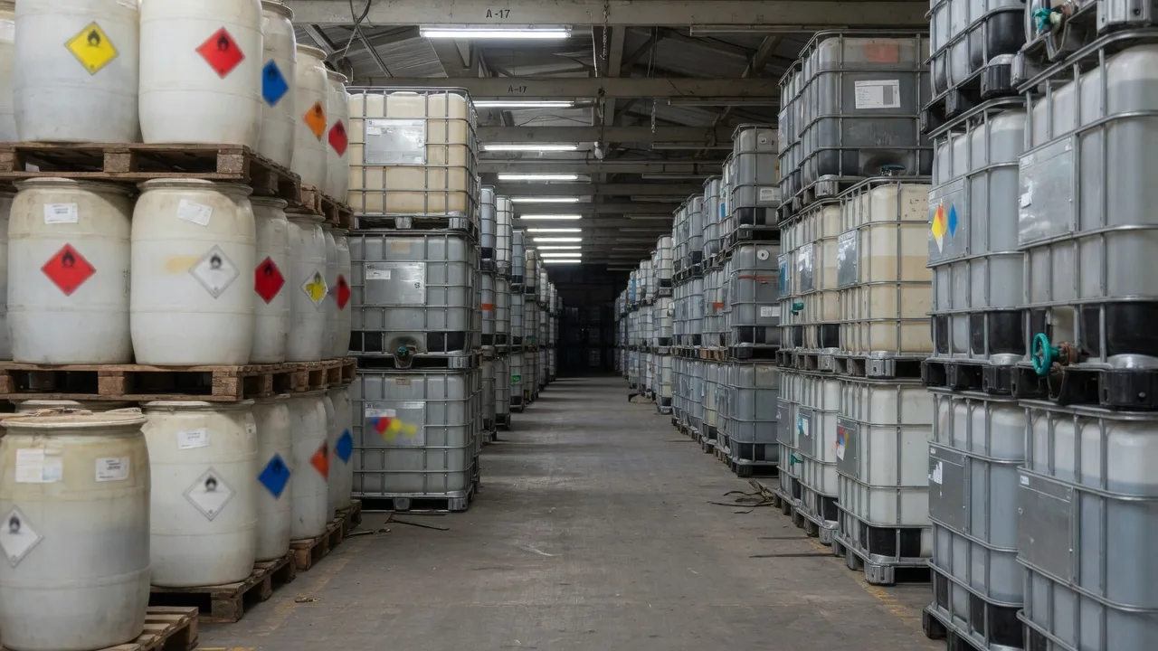 Chemical warehouse aisle with drums and IBC totes on pallets.