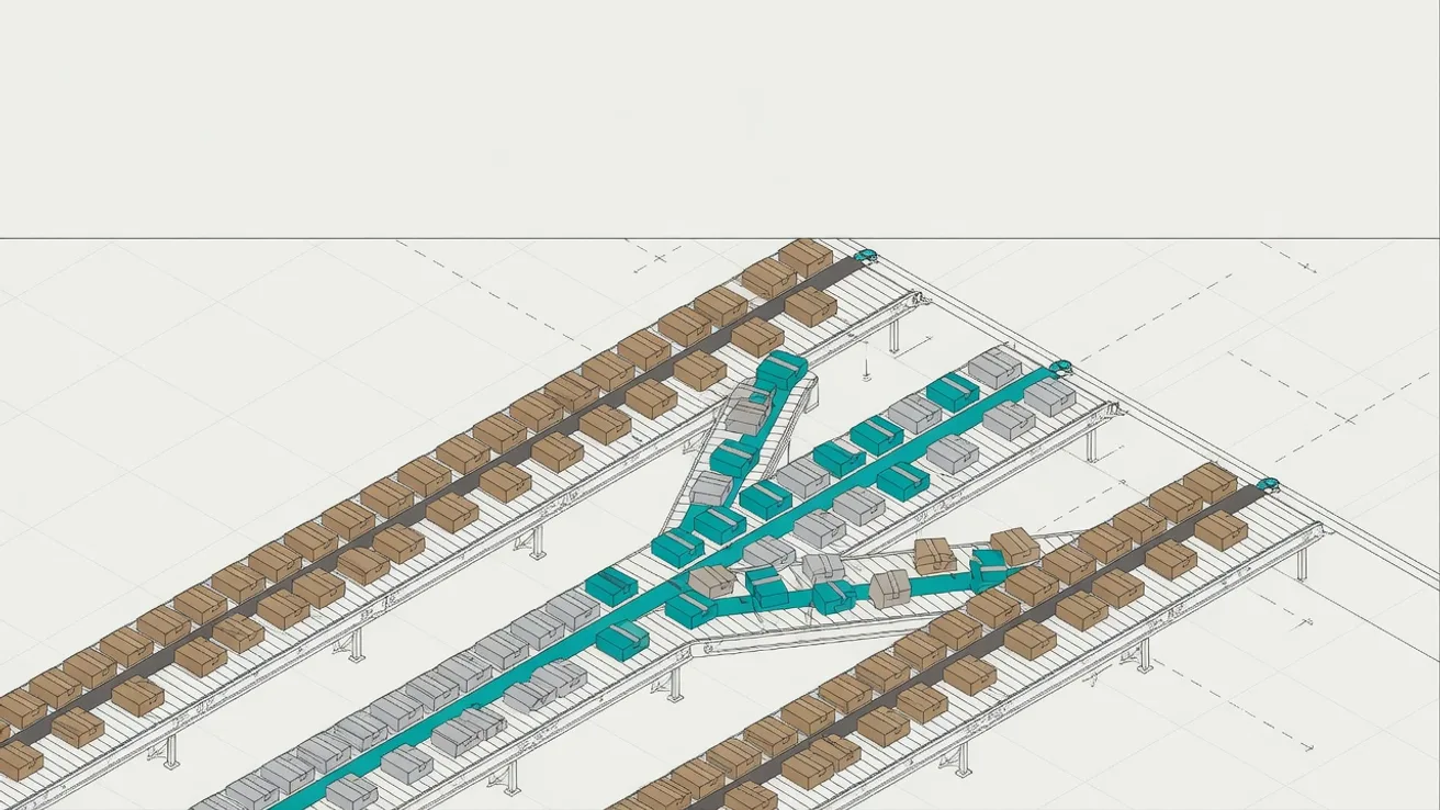 Isometric drawing of a sortation hall where a belt of small parcels fans out into three lanes.
