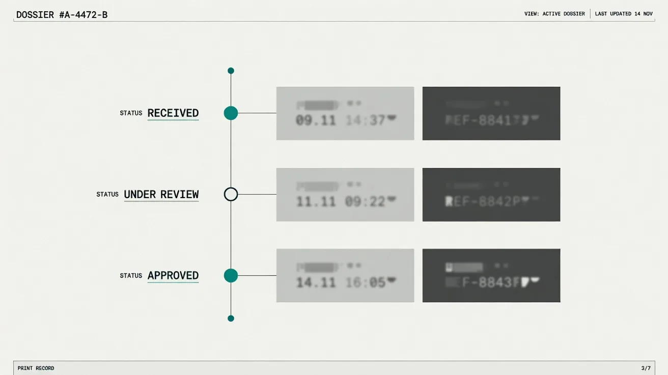 Timeline in a dossier showing the statuses accepted, under control and released, each with a timestamp.