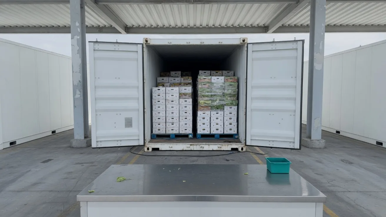 Gekoelde container met open deuren aan een overdekte inspectiekade, pallets met dozen zichtbaar
