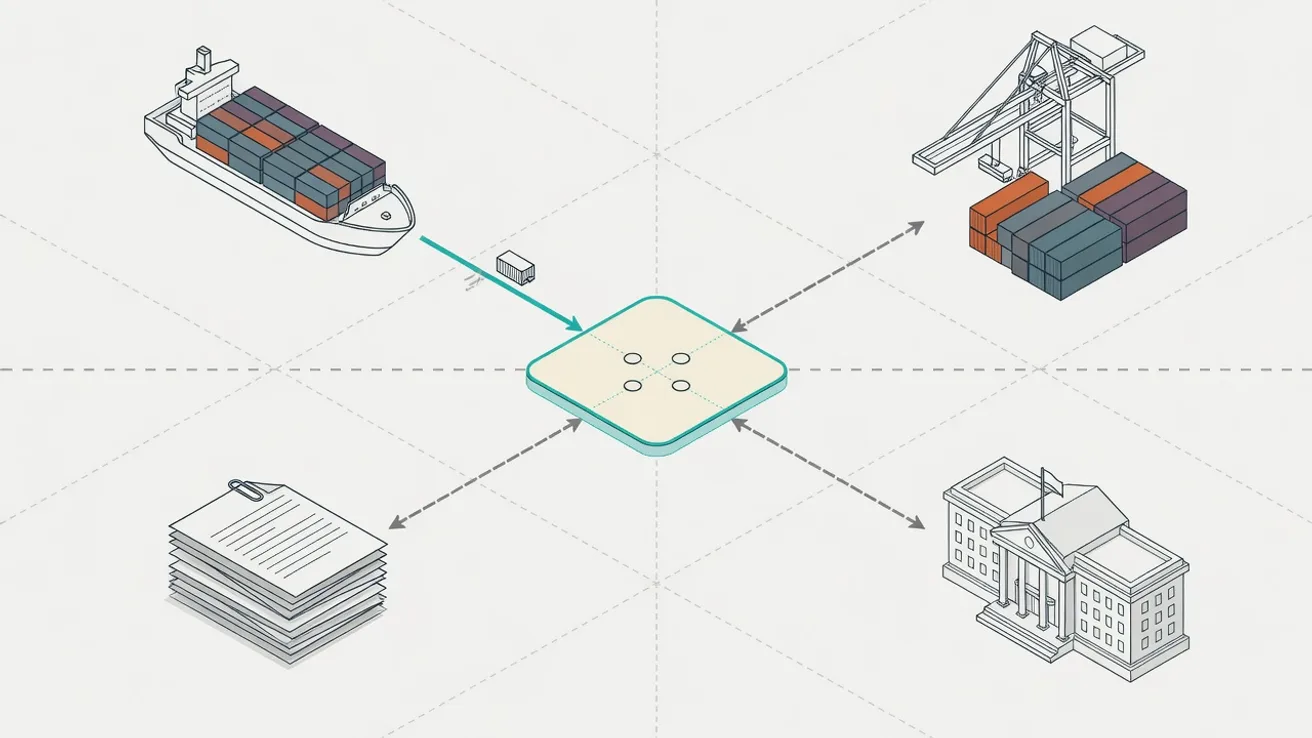 Diagram showing carrier, terminal, forwarder and customs sharing one container shipment through a central hub.