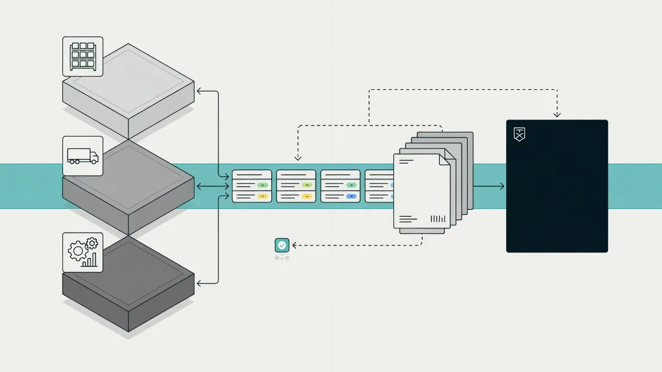 Isometric diagram showing data moving from warehouse, transport and ERP systems through a middle layer to customs, with status returning.