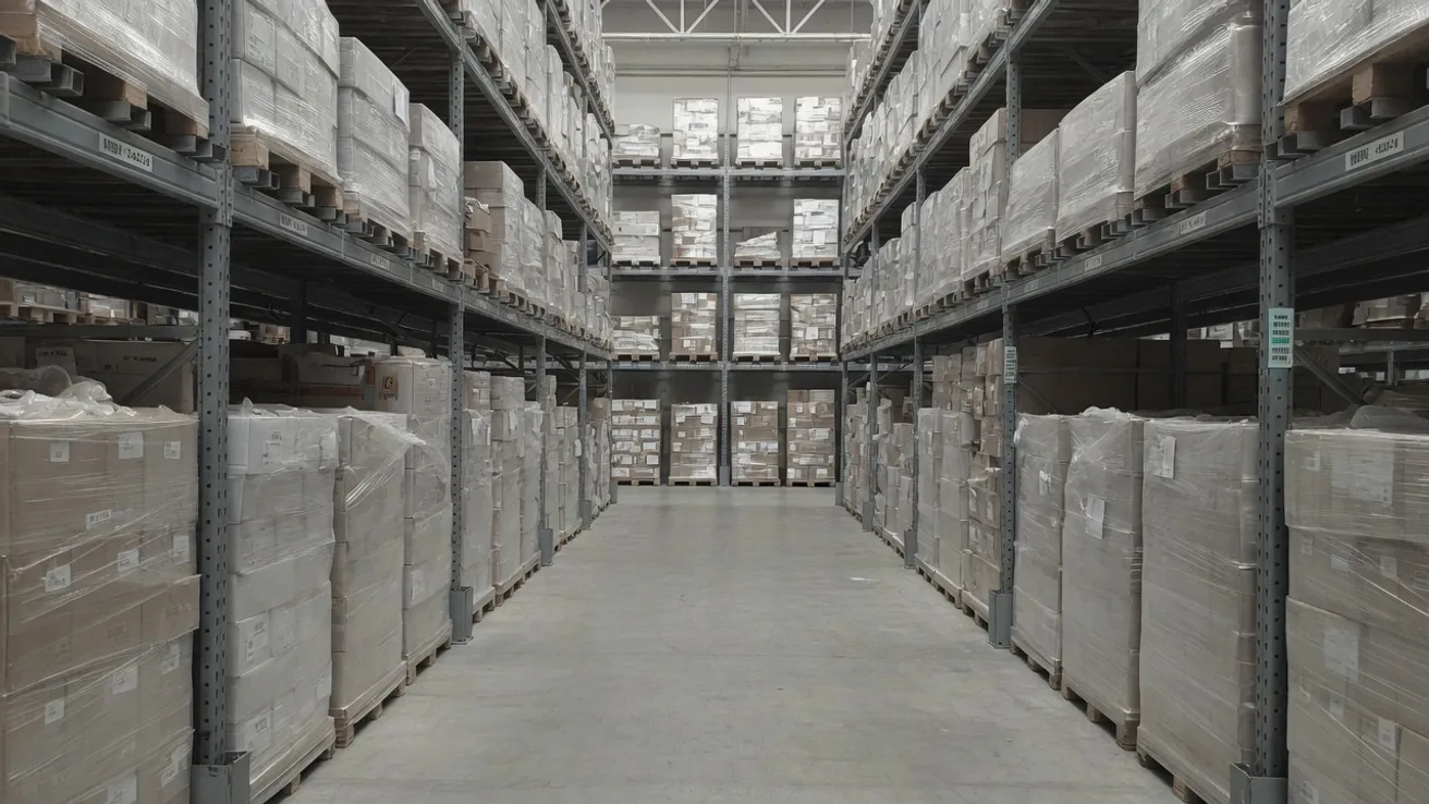 Aisle in a bonded warehouse with wrapped pallets on racking in even daylight, a single teal label on a rack upright.
