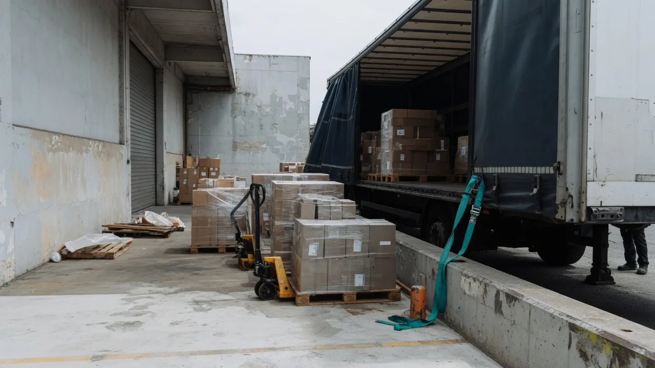 Laadperron van een magazijn, pallets klaar voor een open vrachtwagen.