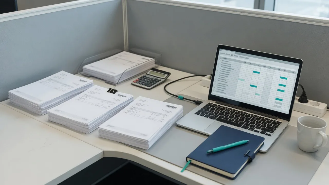 Rustig bureau met factuurstapels en een scherm vol dossierregels.