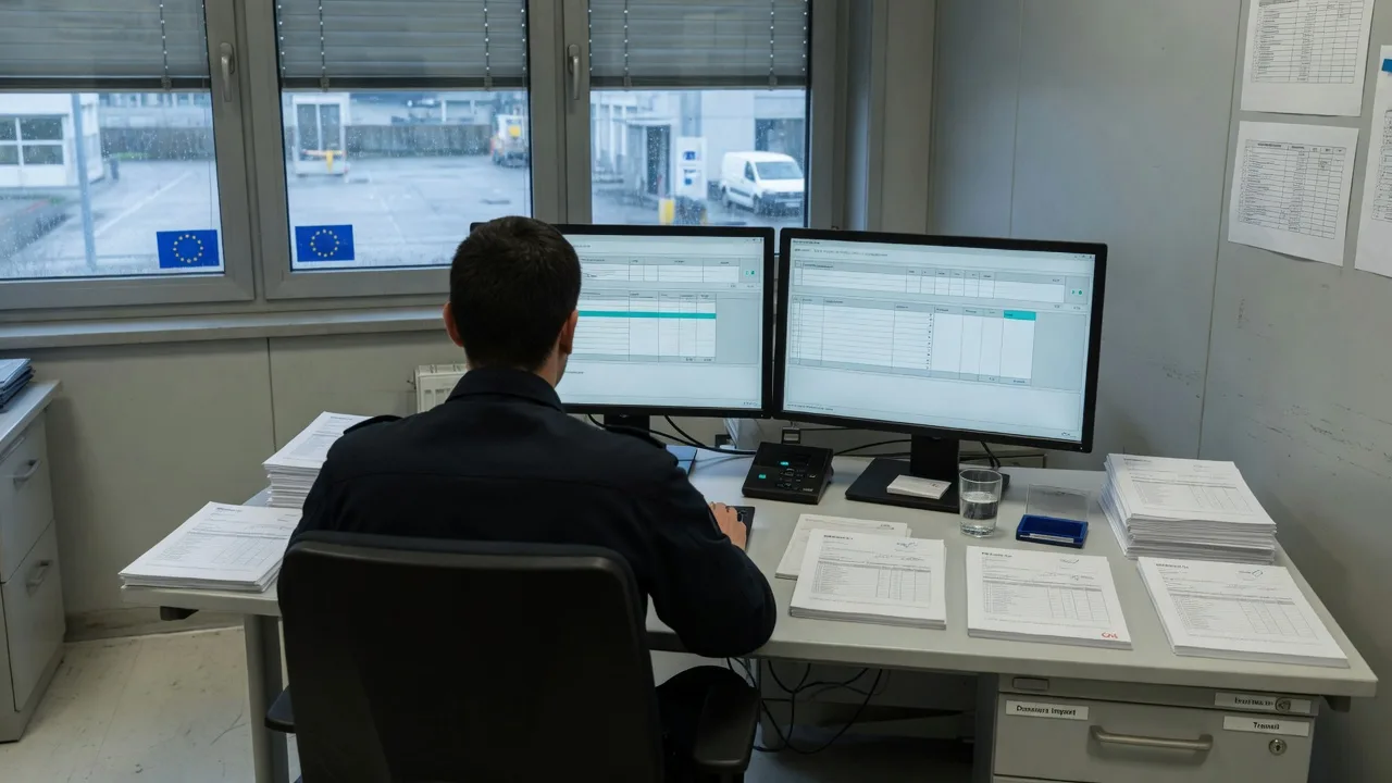 Declarant op de rug gezien, achter twee schermen met invoerdossiers en stapels documenten.