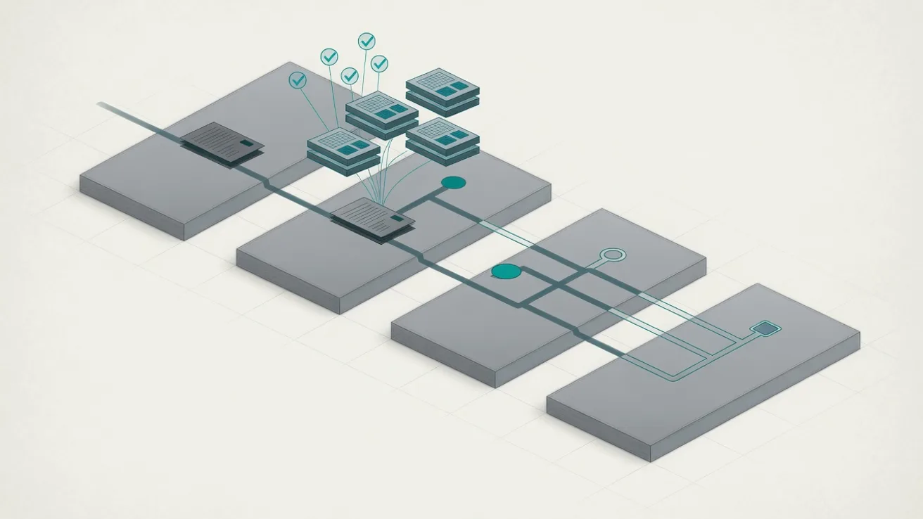 Procesdiagram waarin een invoeraangifte langs intake, validatie en indiening loopt en daarna splitst in vrijgave, documentcontrole en fysieke controle.