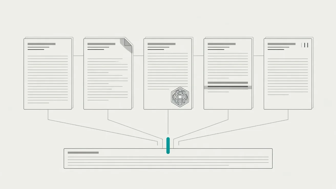 Diagram in which five document cards link down to one article row, with a single teal marker showing which document carries the origin