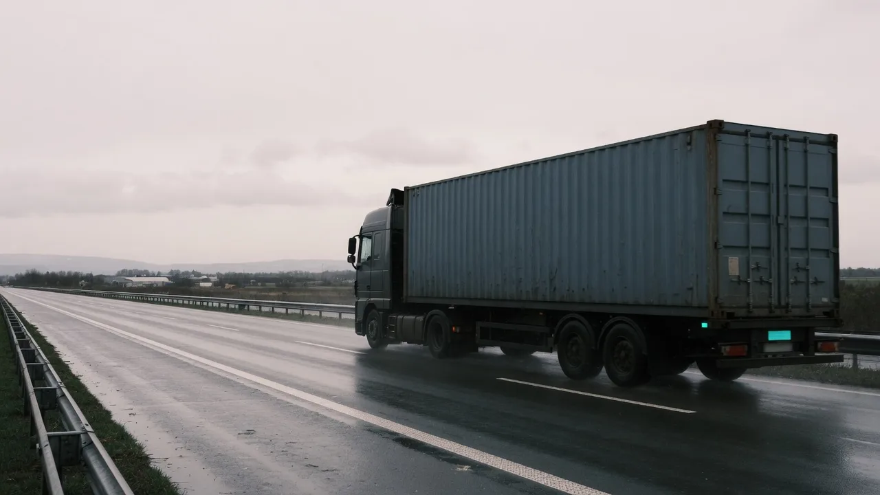 Containervrachtwagen op een natte Europese snelweg.