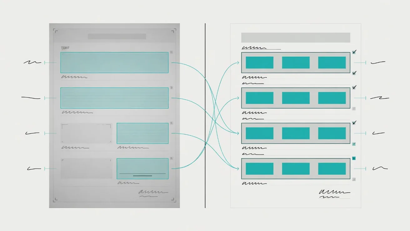 Fields from a scanned health certificate travel along thin lines into the matching boxes of a CHED form.