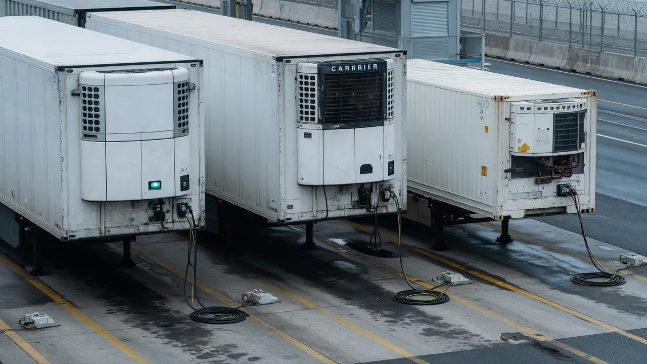 Gekoelde trailers aangesloten bij een grenscontrolepost.