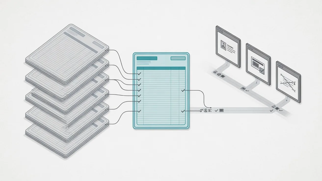 Isometric diagram in which five documents converge into one dossier and three separate portals collapse into a single status lane.