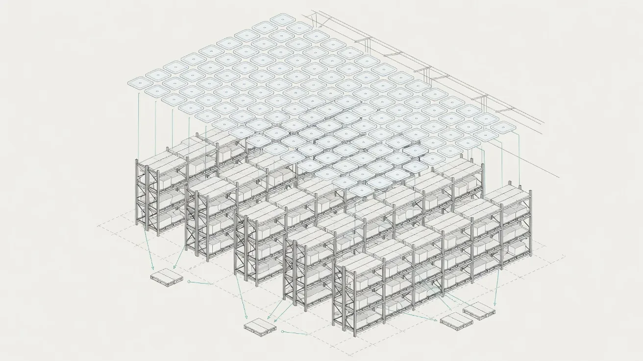 Isometrische tekening van een entrepot waarin elke pallet met een dunne lijn verbonden is met een regel in de voorraadadministratie.